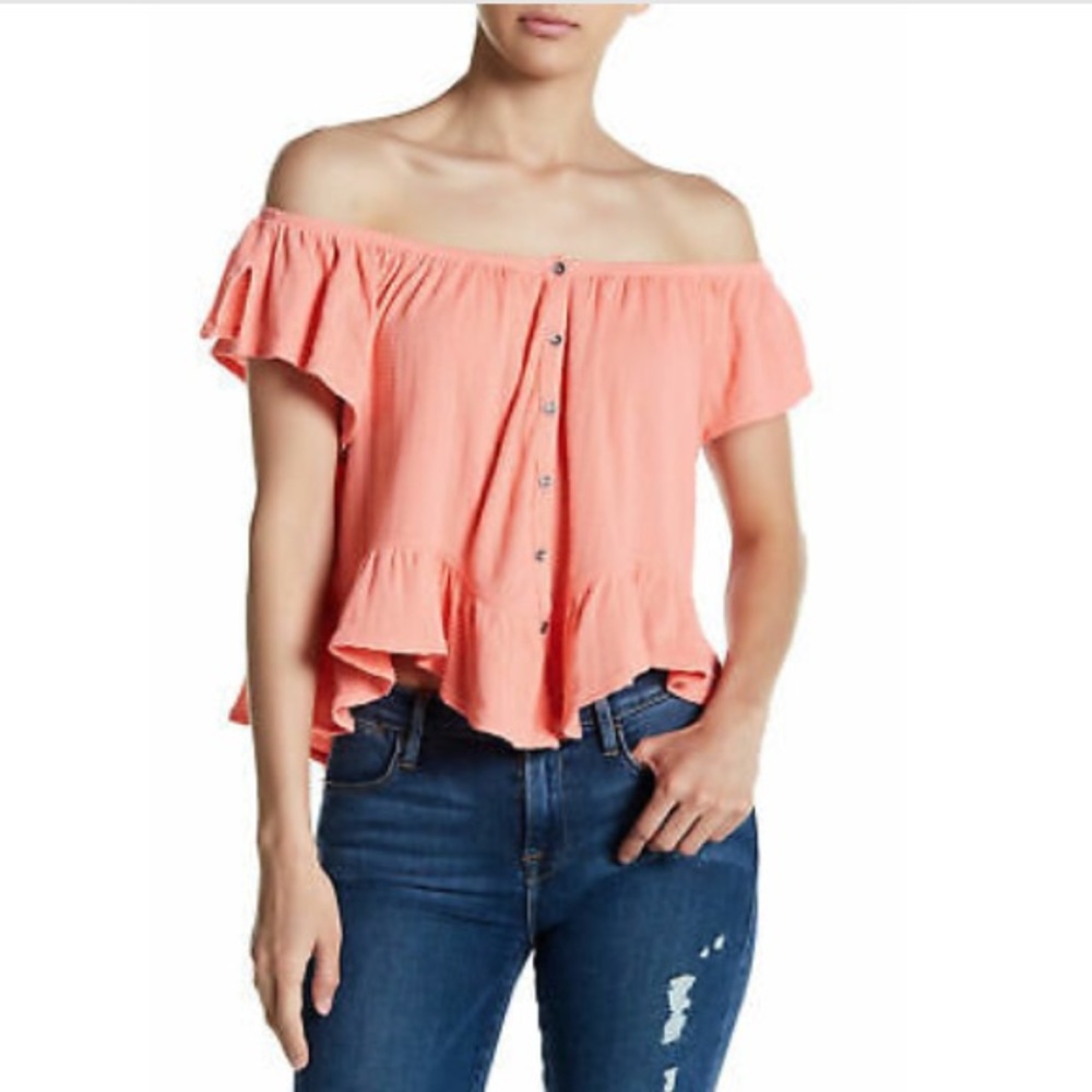 Free People Off-Shoulder Coral Mint Julep T-Shirt Size Small